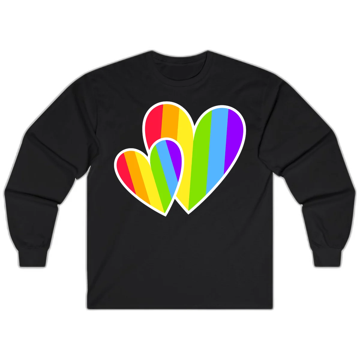 Three overlapping hearts with vertical rainbow stripes in pride colors: red, orange, yellow, green, blue, and purple with white borders in Black