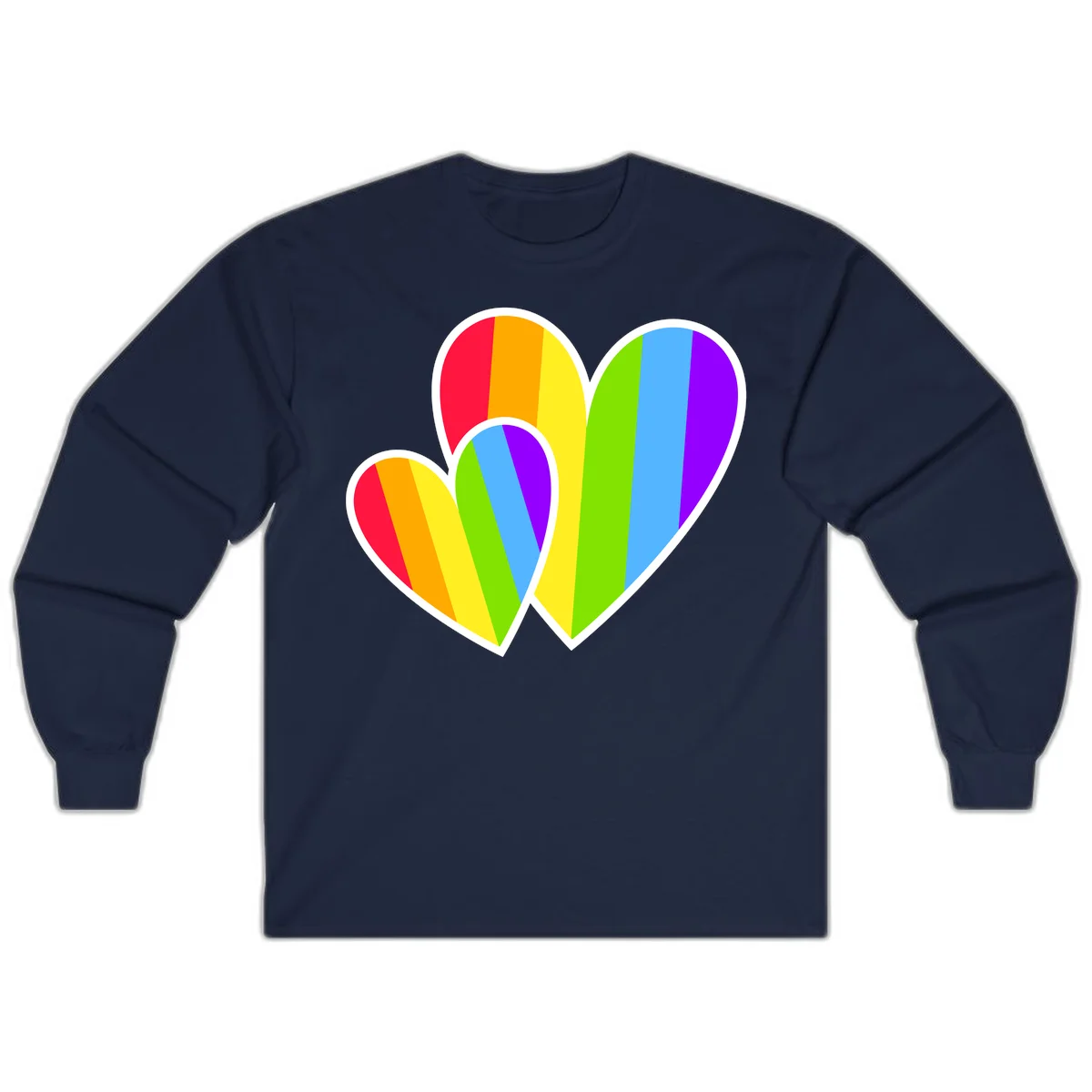 Three overlapping hearts with vertical rainbow stripes in pride colors: red, orange, yellow, green, blue, and purple with white borders in Navy