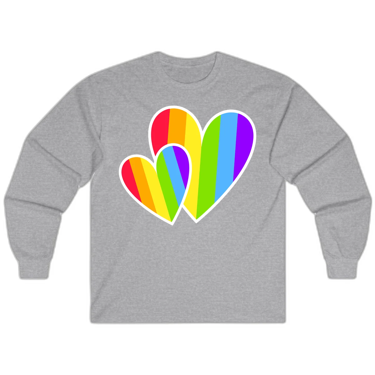 Three overlapping hearts with vertical rainbow stripes in pride colors: red, orange, yellow, green, blue, and purple with white borders in Sport Grey
