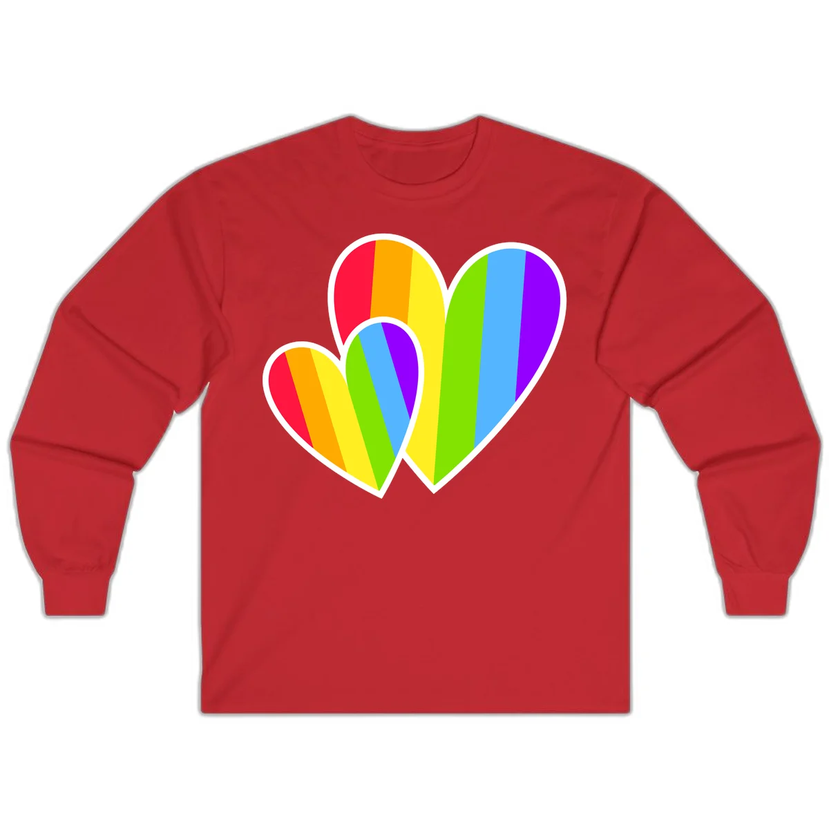 Three overlapping hearts with vertical rainbow stripes in pride colors: red, orange, yellow, green, blue, and purple with white borders in Red