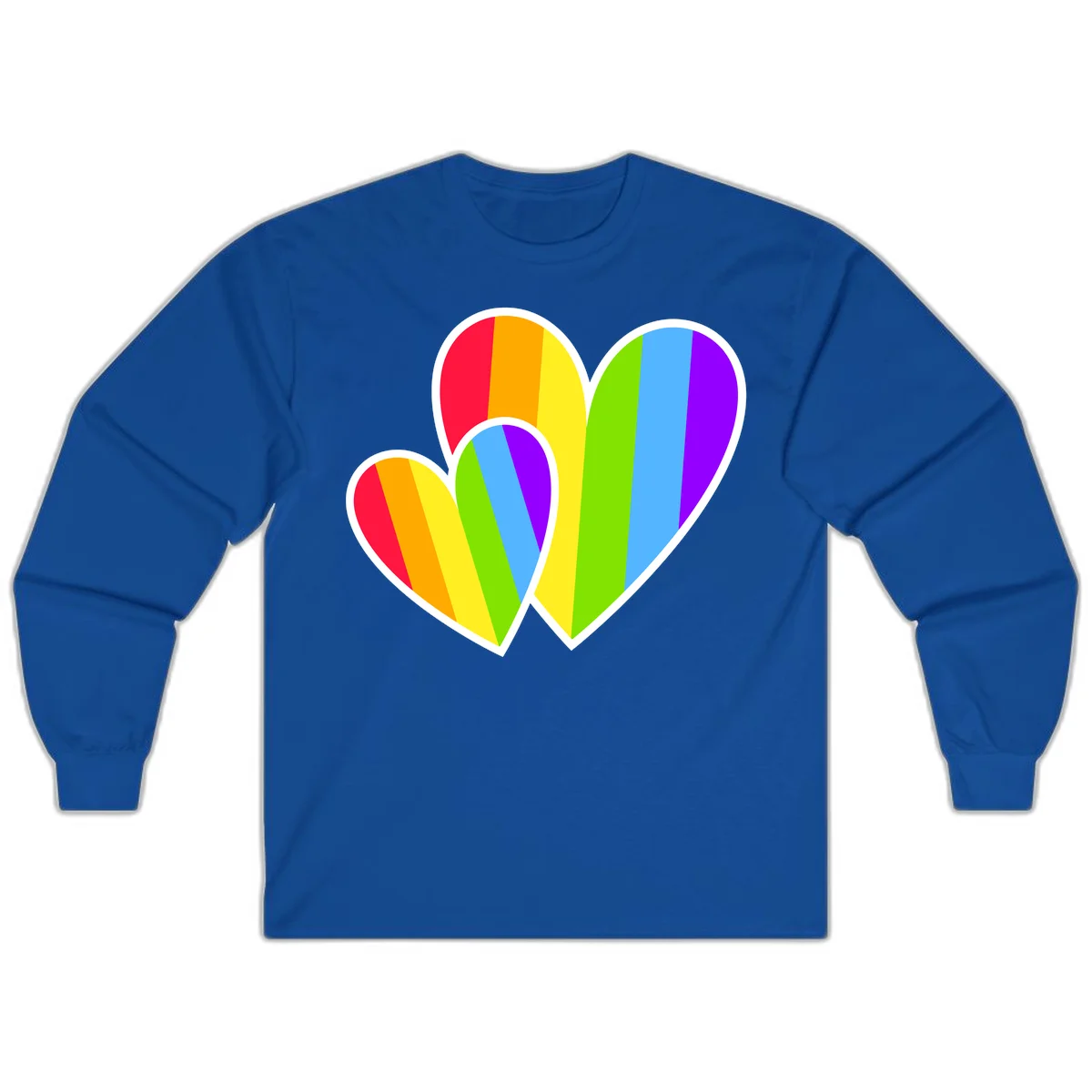 Three overlapping hearts with vertical rainbow stripes in pride colors: red, orange, yellow, green, blue, and purple with white borders in Royal