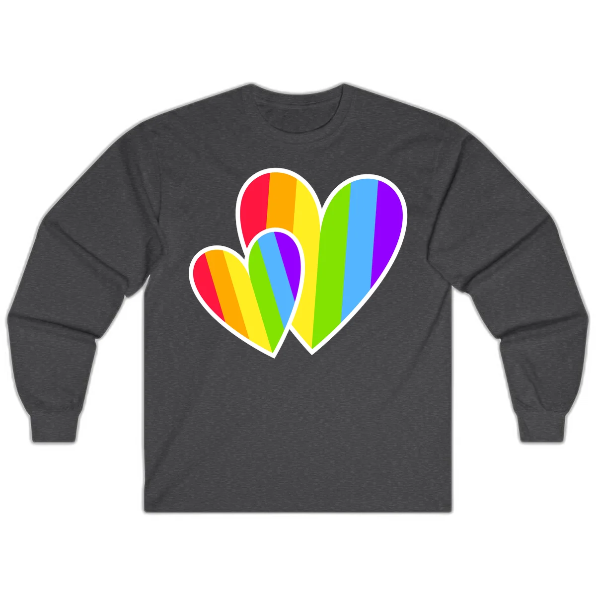 Three overlapping hearts with vertical rainbow stripes in pride colors: red, orange, yellow, green, blue, and purple with white borders in Dark Heather