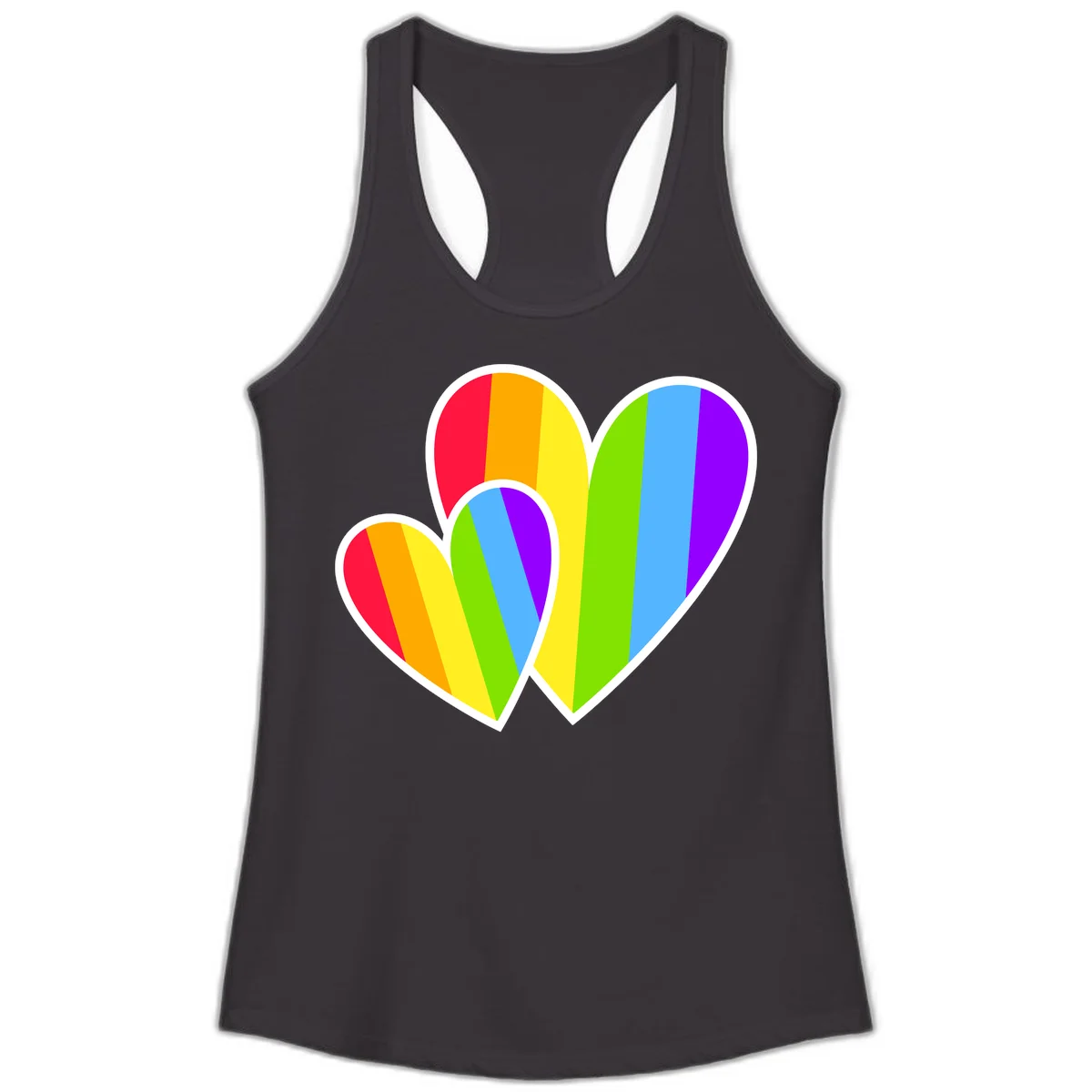 Three overlapping hearts with vertical rainbow stripes in pride colors: red, orange, yellow, green, blue, and purple with white borders in Black