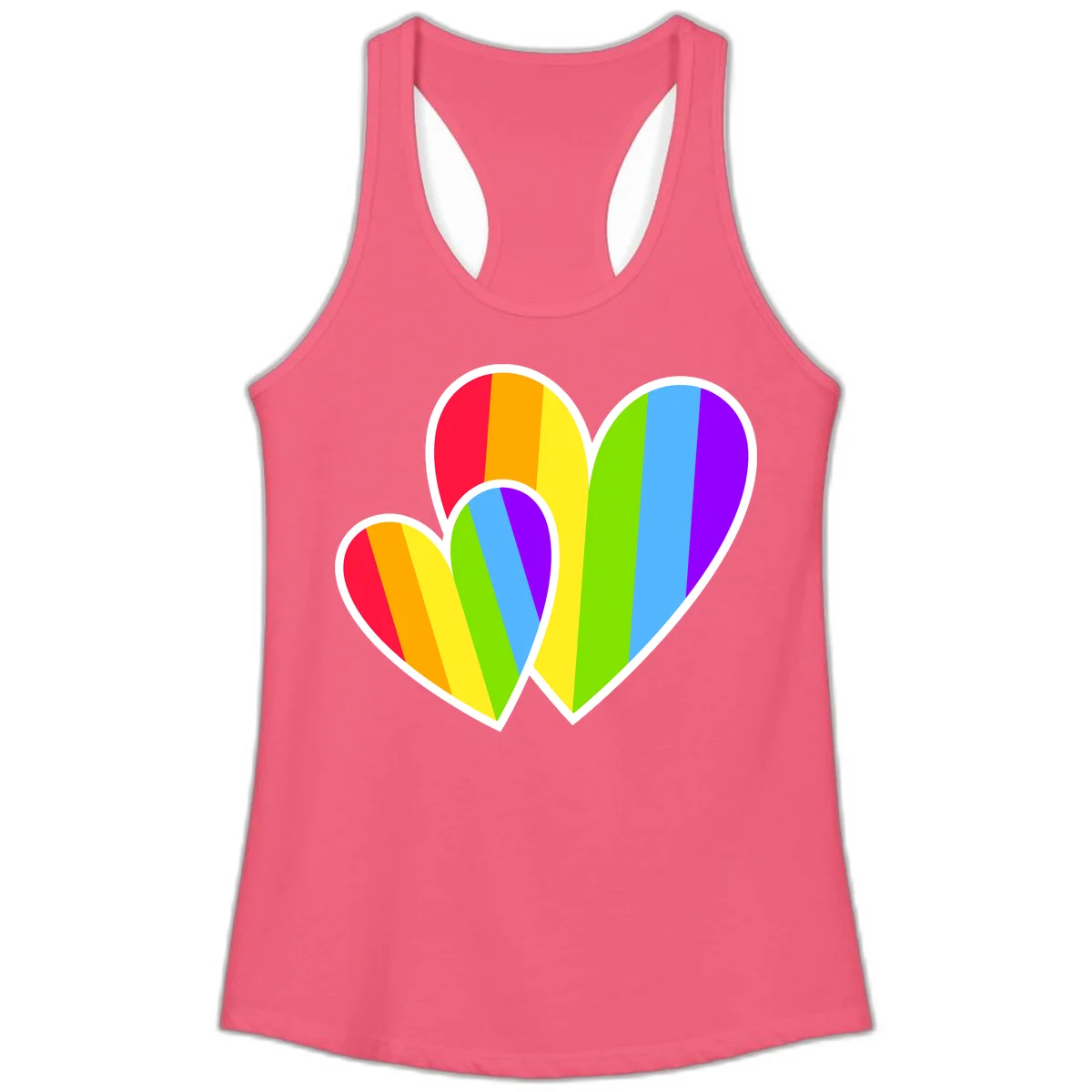 Three overlapping hearts with vertical rainbow stripes in pride colors: red, orange, yellow, green, blue, and purple with white borders in Hot Pink