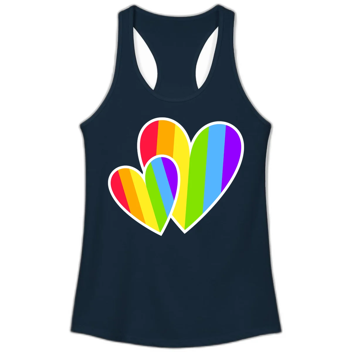 Three overlapping hearts with vertical rainbow stripes in pride colors: red, orange, yellow, green, blue, and purple with white borders in Solid Midnight Navy