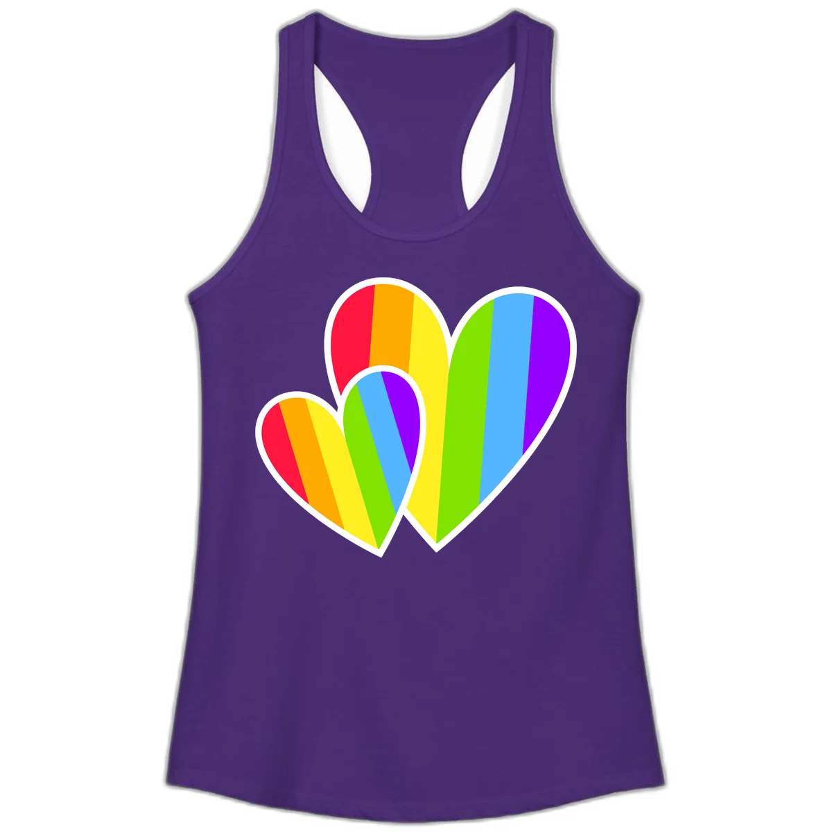 Three overlapping hearts with vertical rainbow stripes in pride colors: red, orange, yellow, green, blue, and purple with white borders in Solid Purple Rush