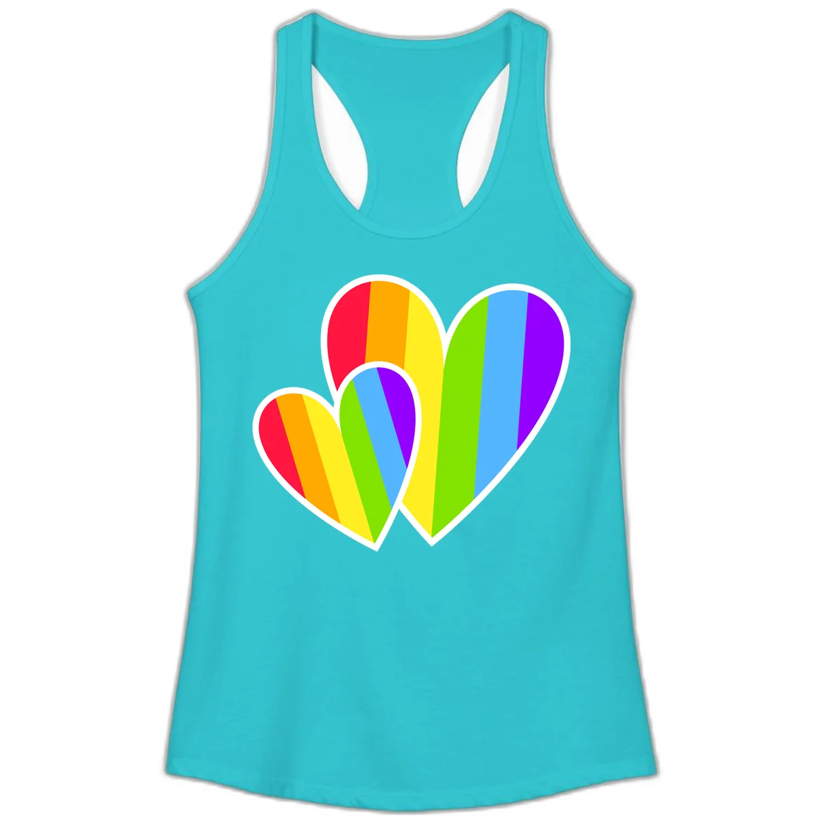 Three overlapping hearts with vertical rainbow stripes in pride colors: red, orange, yellow, green, blue, and purple with white borders in Solid Tahiti Blue