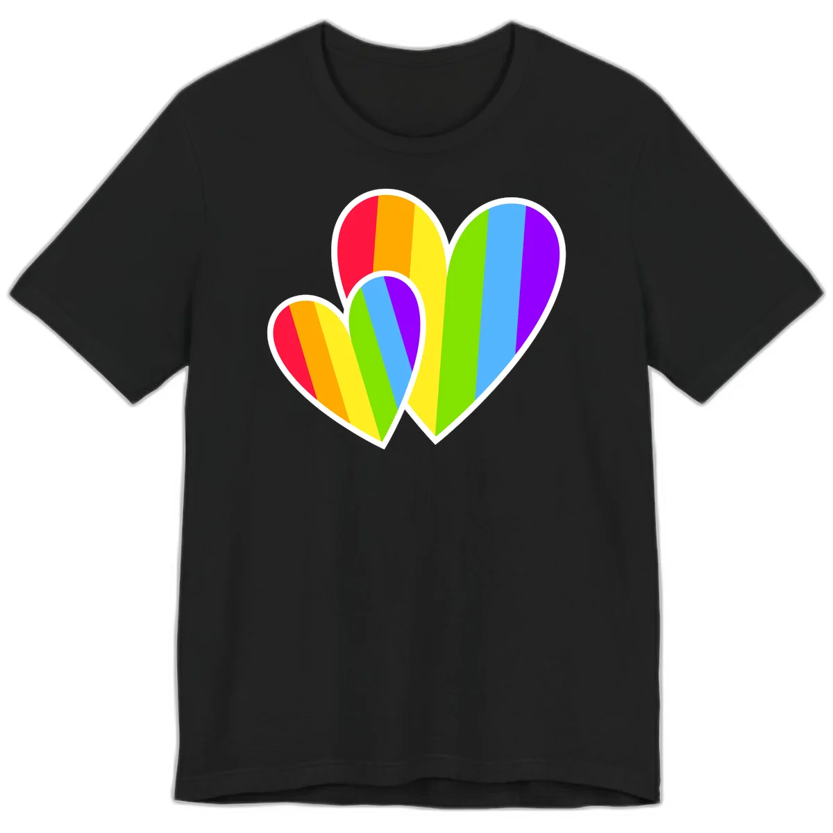 Three overlapping hearts with vertical rainbow stripes in pride colors: red, orange, yellow, green, blue, and purple with white borders in Black