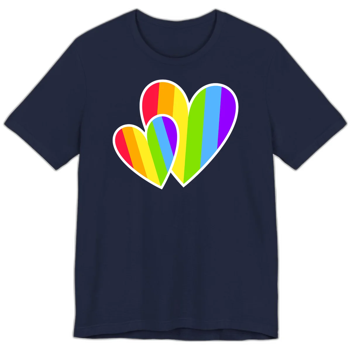 Three overlapping hearts with vertical rainbow stripes in pride colors: red, orange, yellow, green, blue, and purple with white borders in Navy