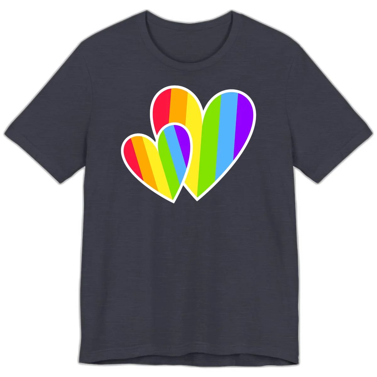 Three overlapping hearts with vertical rainbow stripes in pride colors: red, orange, yellow, green, blue, and purple with white borders in Heather Midnight Navy