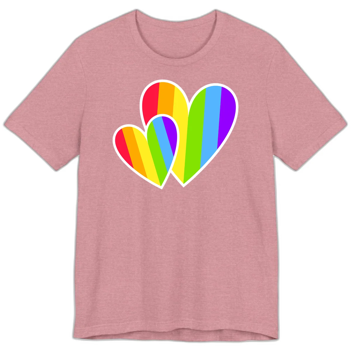 Three overlapping hearts with vertical rainbow stripes in pride colors: red, orange, yellow, green, blue, and purple with white borders in Heather Orchid