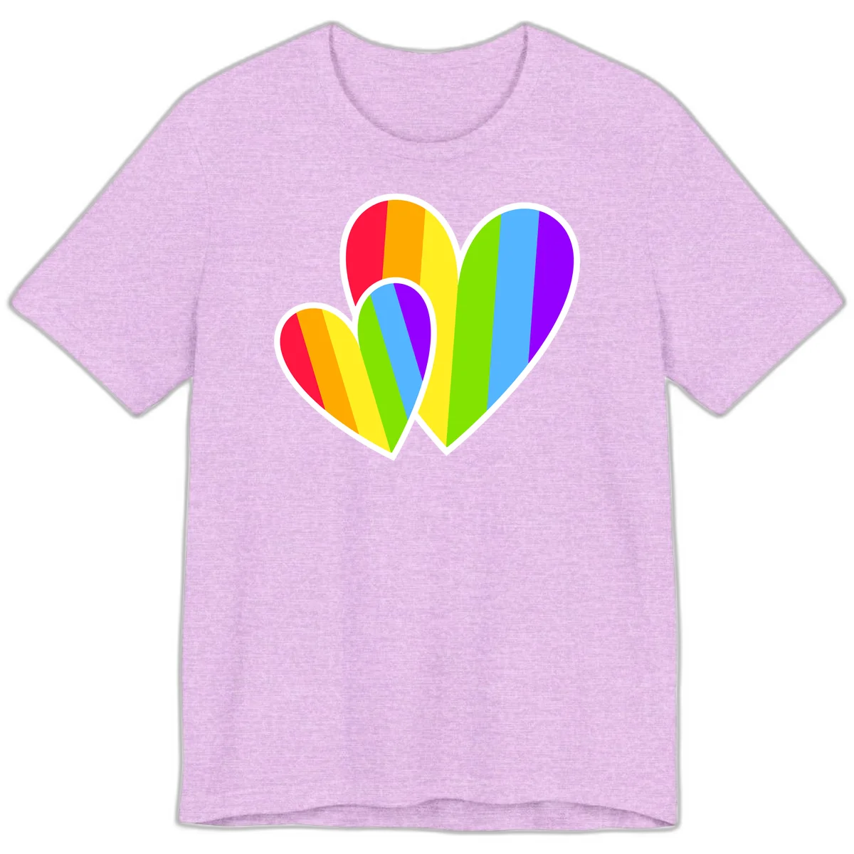 Three overlapping hearts with vertical rainbow stripes in pride colors: red, orange, yellow, green, blue, and purple with white borders in Heather Prism Lilac