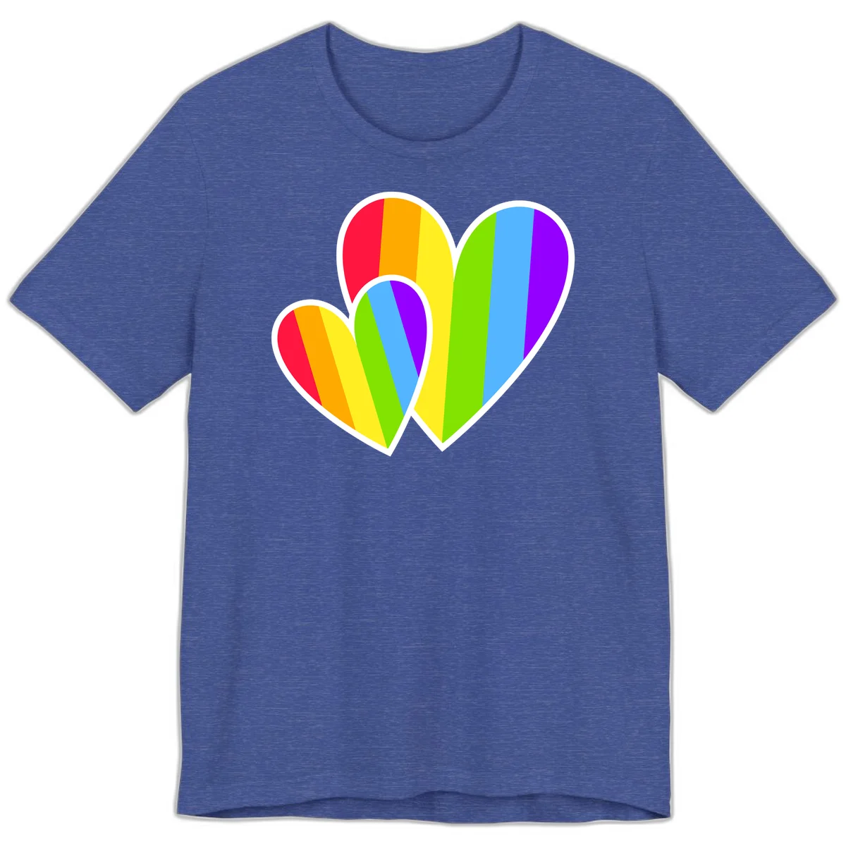 Three overlapping hearts with vertical rainbow stripes in pride colors: red, orange, yellow, green, blue, and purple with white borders in Heather True Royal