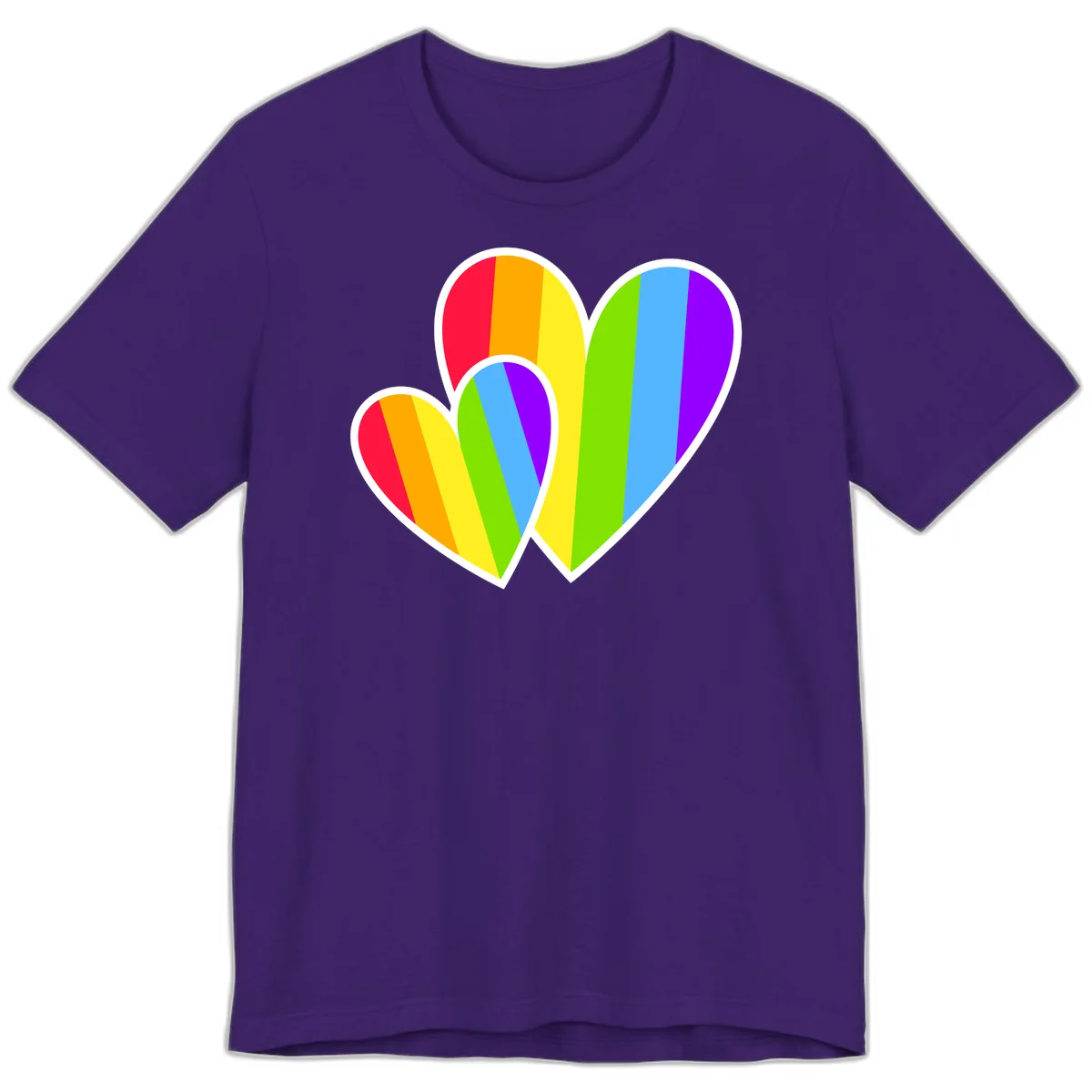 Three overlapping hearts with vertical rainbow stripes in pride colors: red, orange, yellow, green, blue, and purple with white borders in Team Purple