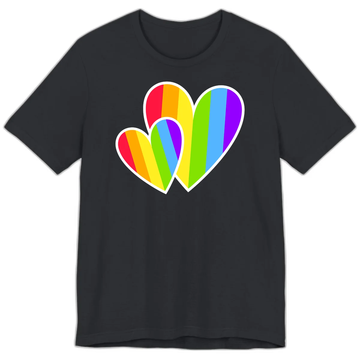 Three overlapping hearts with vertical rainbow stripes in pride colors: red, orange, yellow, green, blue, and purple with white borders in Vintage Black