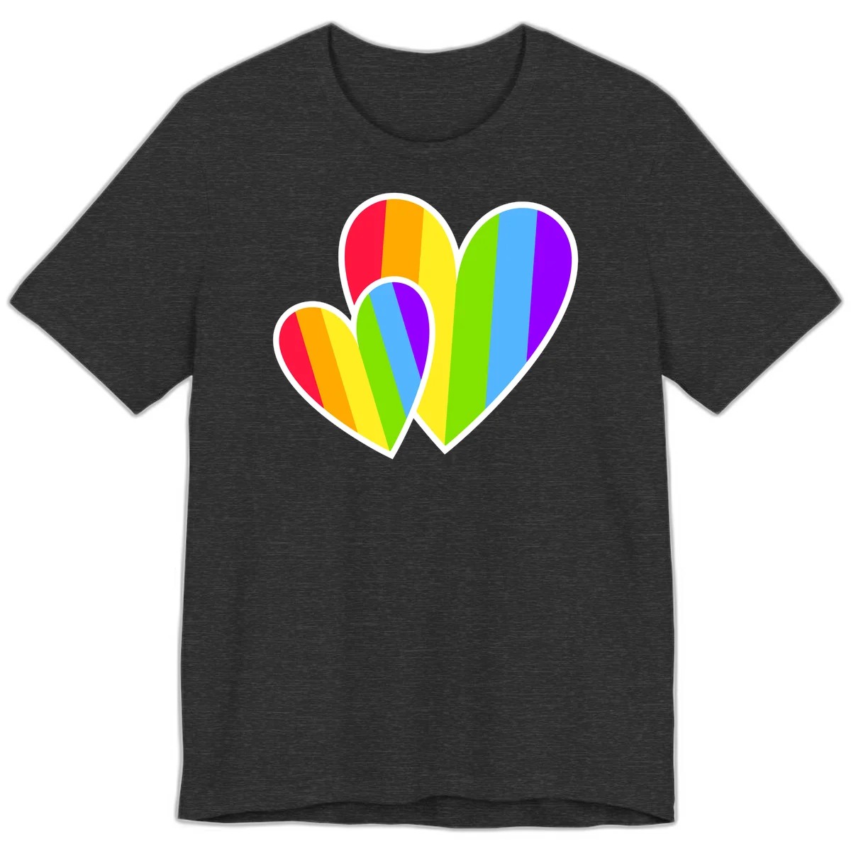 Three overlapping hearts with vertical rainbow stripes in pride colors: red, orange, yellow, green, blue, and purple with white borders in Dark Grey Heather