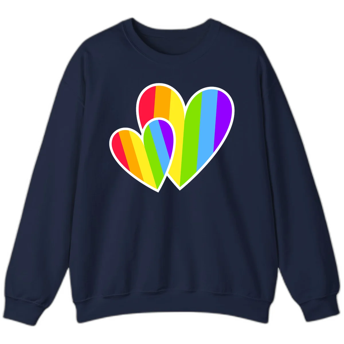 Three overlapping hearts with vertical rainbow stripes in pride colors: red, orange, yellow, green, blue, and purple with white borders in Navy