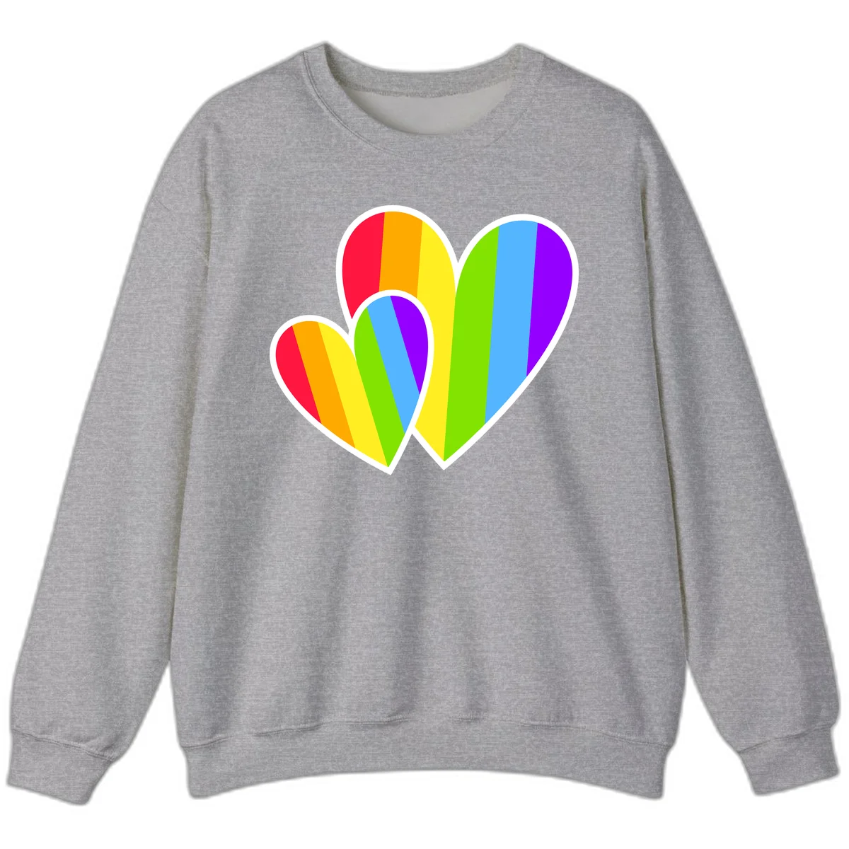 Three overlapping hearts with vertical rainbow stripes in pride colors: red, orange, yellow, green, blue, and purple with white borders in Sport Grey