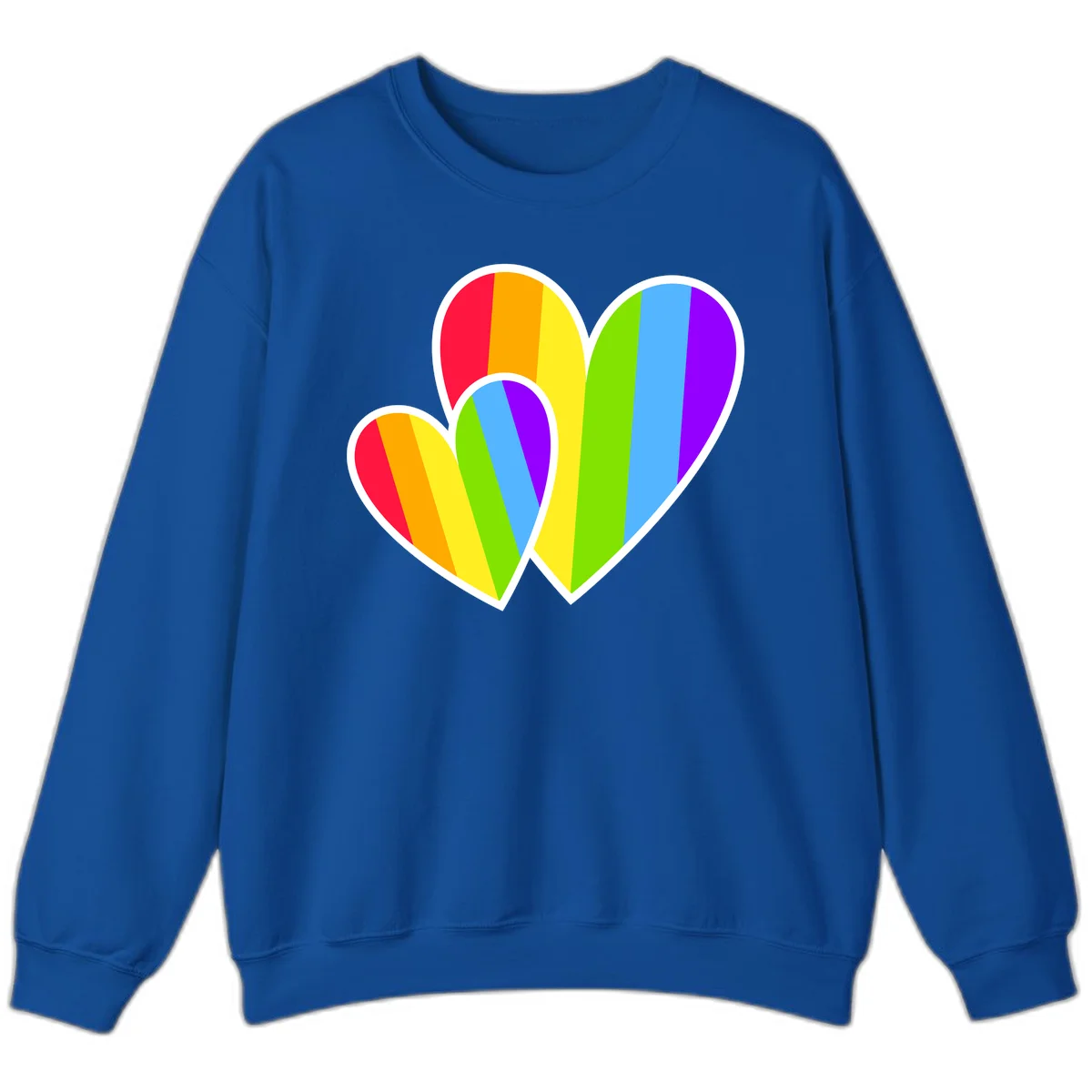 Three overlapping hearts with vertical rainbow stripes in pride colors: red, orange, yellow, green, blue, and purple with white borders in Royal