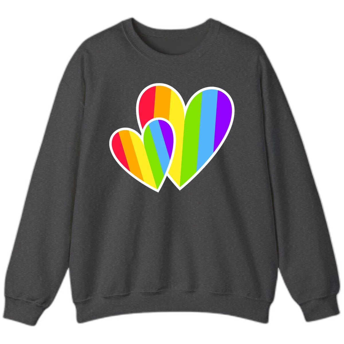 Three overlapping hearts with vertical rainbow stripes in pride colors: red, orange, yellow, green, blue, and purple with white borders in Dark Heather