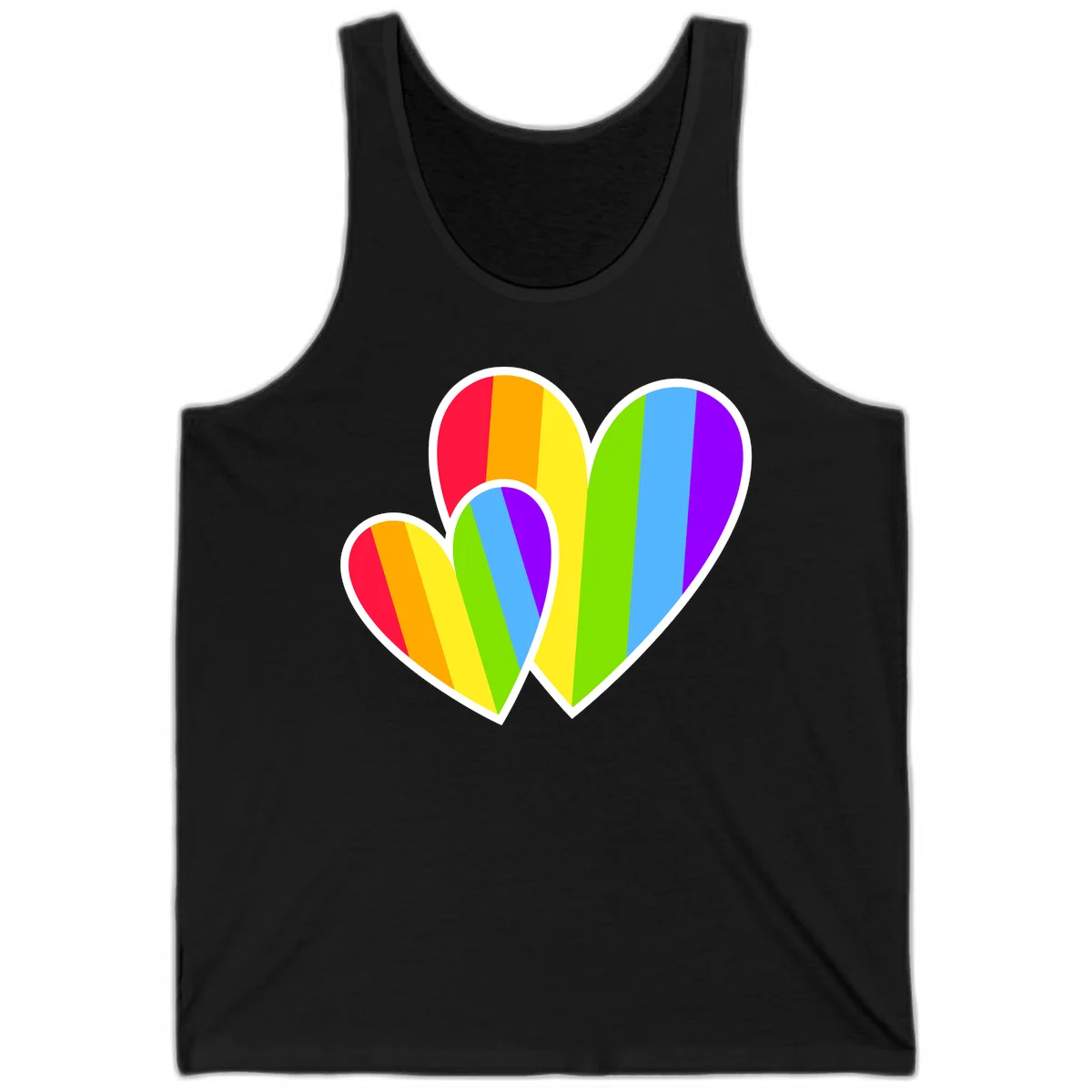 Three overlapping hearts with vertical rainbow stripes in pride colors: red, orange, yellow, green, blue, and purple with white borders in Black