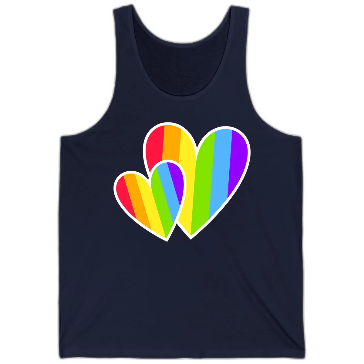 Three overlapping hearts with vertical rainbow stripes in pride colors: red, orange, yellow, green, blue, and purple with white borders in Navy