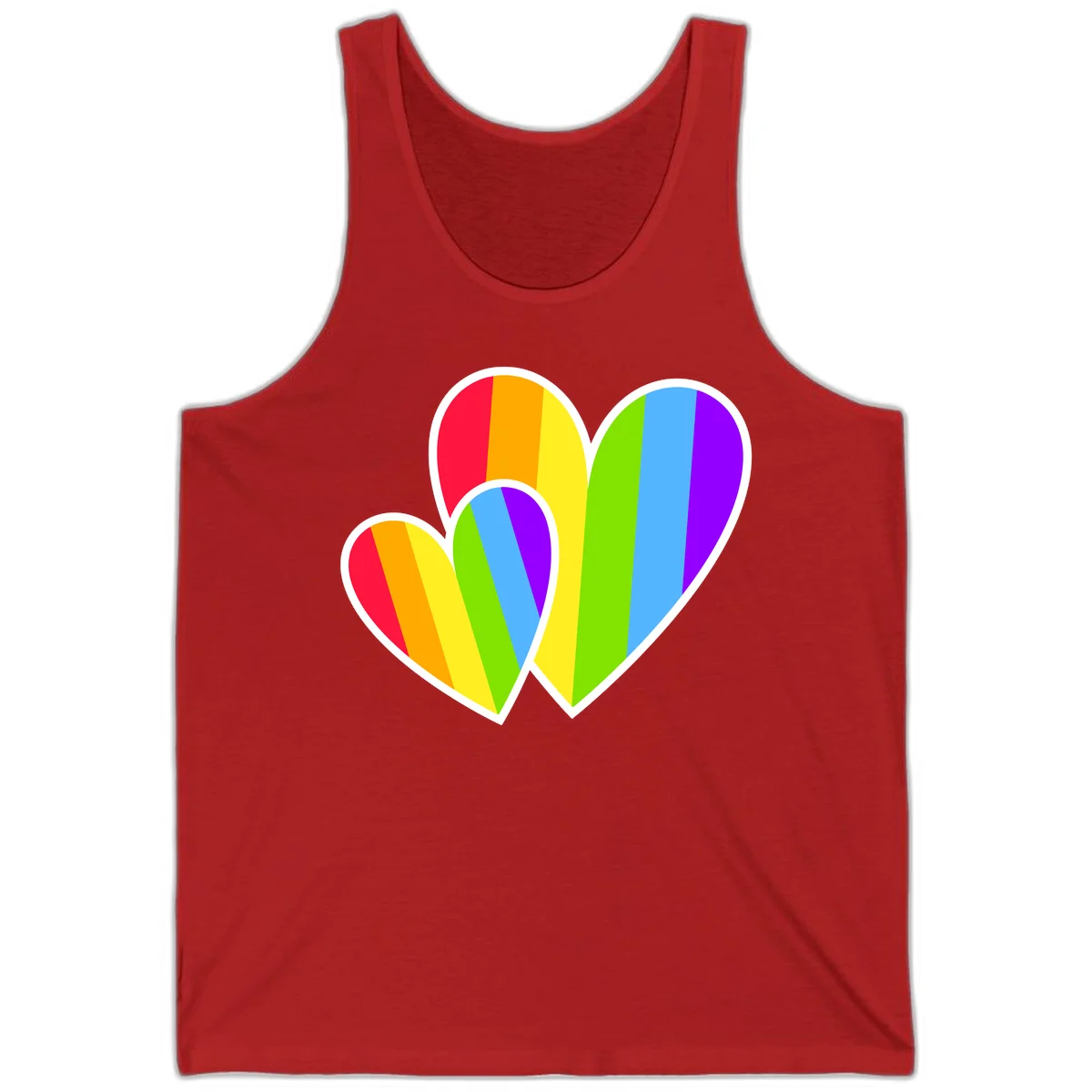 Three overlapping hearts with vertical rainbow stripes in pride colors: red, orange, yellow, green, blue, and purple with white borders in Red