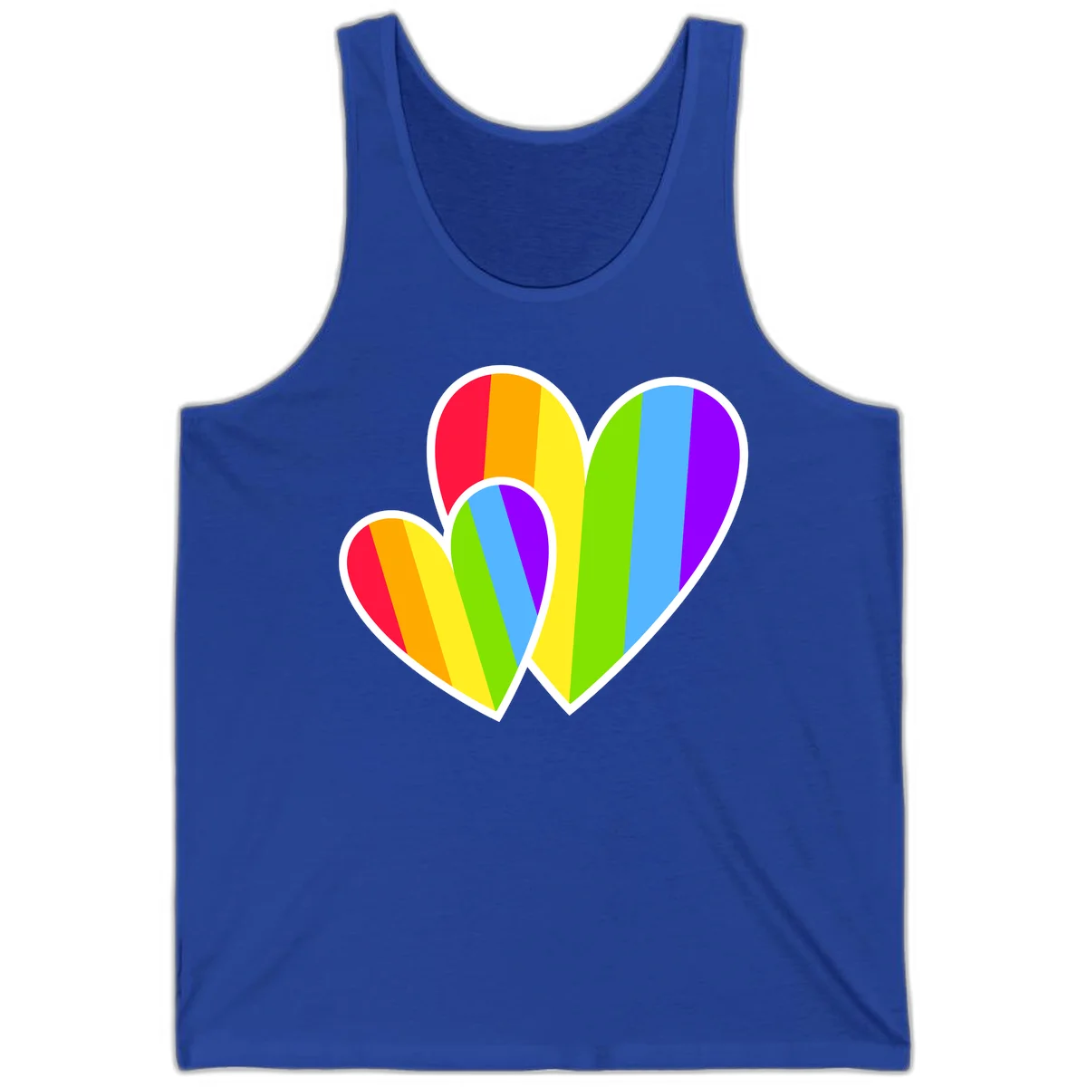 Three overlapping hearts with vertical rainbow stripes in pride colors: red, orange, yellow, green, blue, and purple with white borders in True Royal