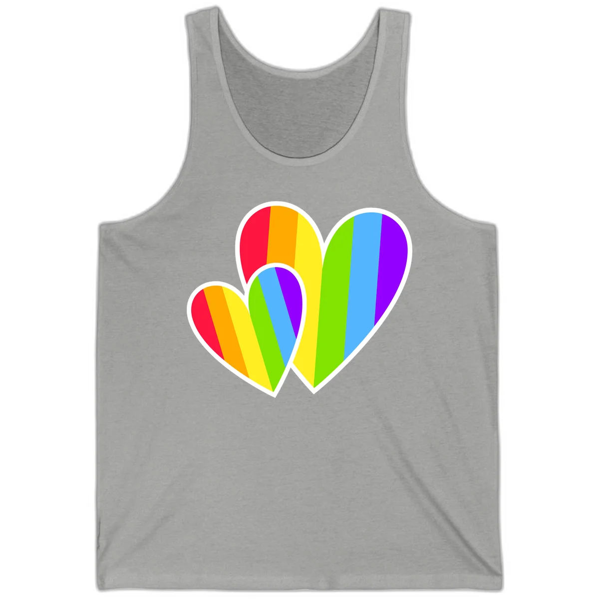 Three overlapping hearts with vertical rainbow stripes in pride colors: red, orange, yellow, green, blue, and purple with white borders in Athletic Heather
