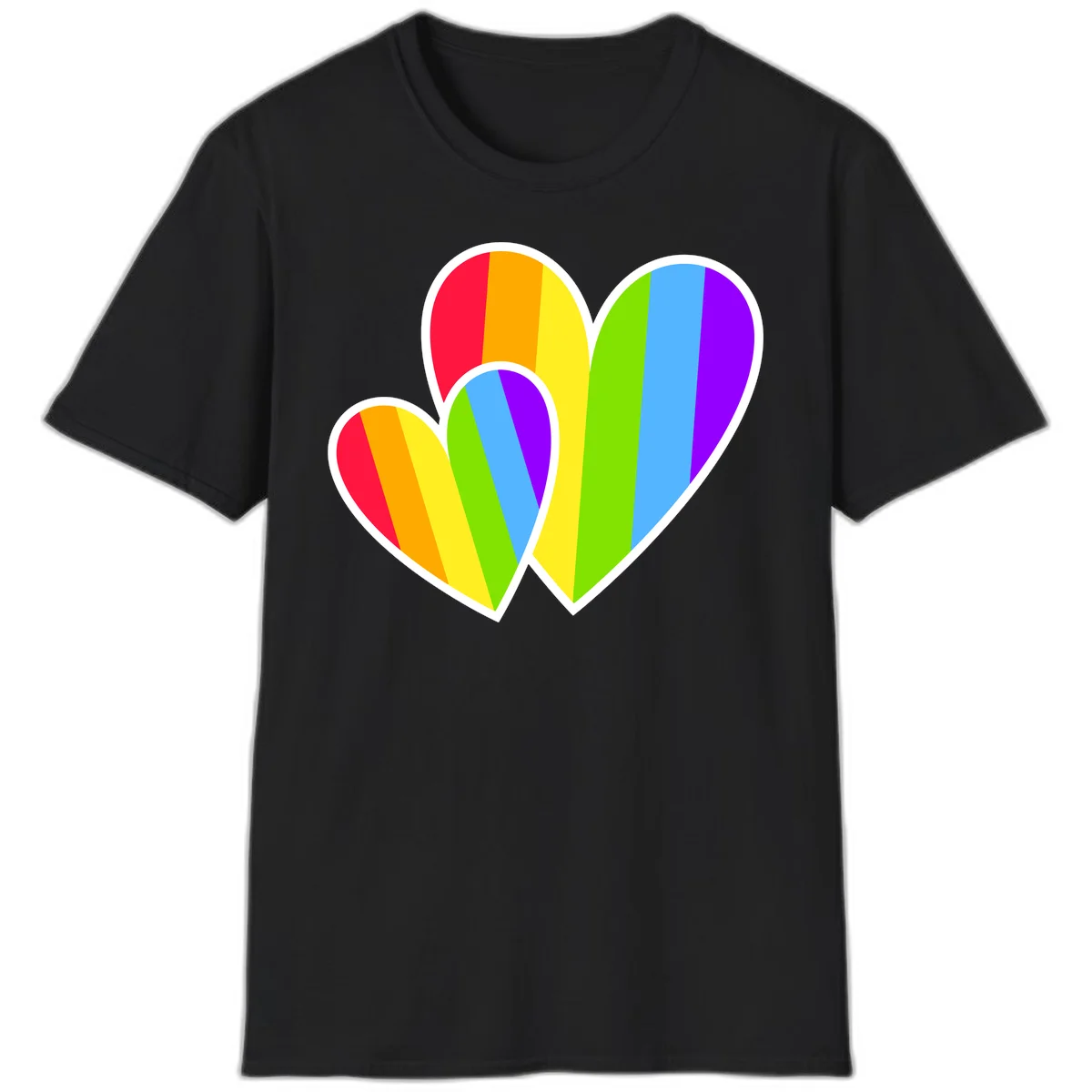 Three overlapping hearts with vertical rainbow stripes in pride colors: red, orange, yellow, green, blue, and purple with white borders in Black