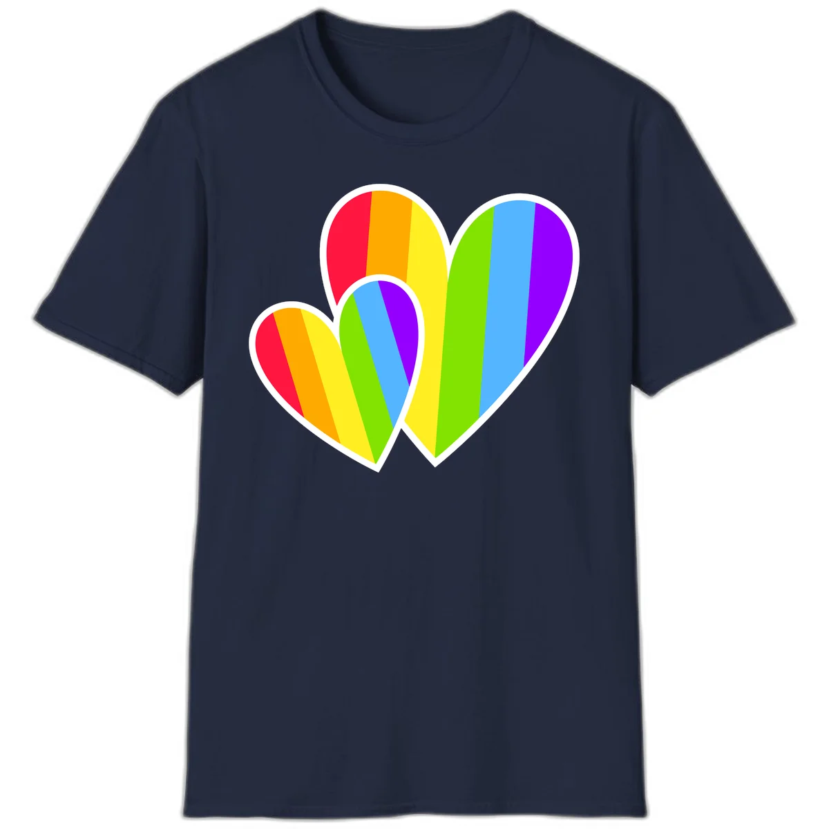 Three overlapping hearts with vertical rainbow stripes in pride colors: red, orange, yellow, green, blue, and purple with white borders in Navy