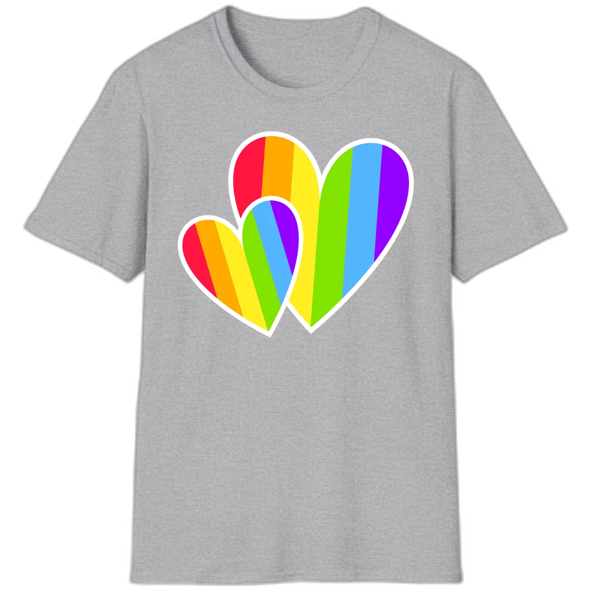 Three overlapping hearts with vertical rainbow stripes in pride colors: red, orange, yellow, green, blue, and purple with white borders in Sport Grey