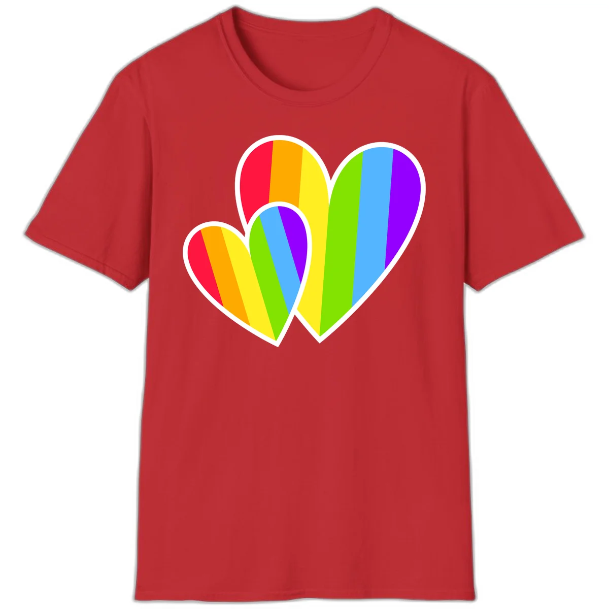 Three overlapping hearts with vertical rainbow stripes in pride colors: red, orange, yellow, green, blue, and purple with white borders in Red