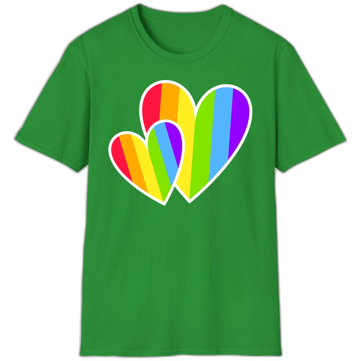Three overlapping hearts with vertical rainbow stripes in pride colors: red, orange, yellow, green, blue, and purple with white borders in Irish Green
