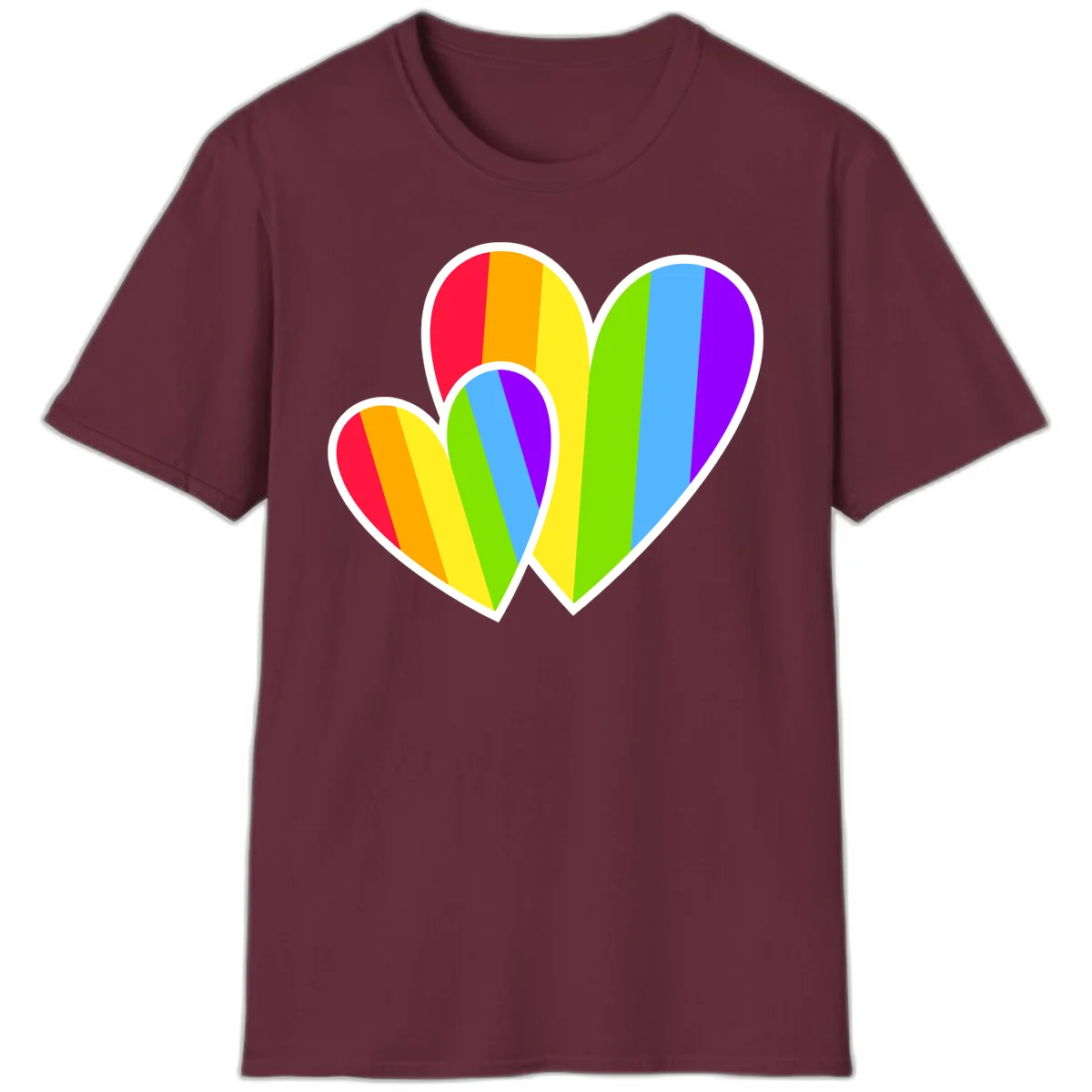 Three overlapping hearts with vertical rainbow stripes in pride colors: red, orange, yellow, green, blue, and purple with white borders in Maroon