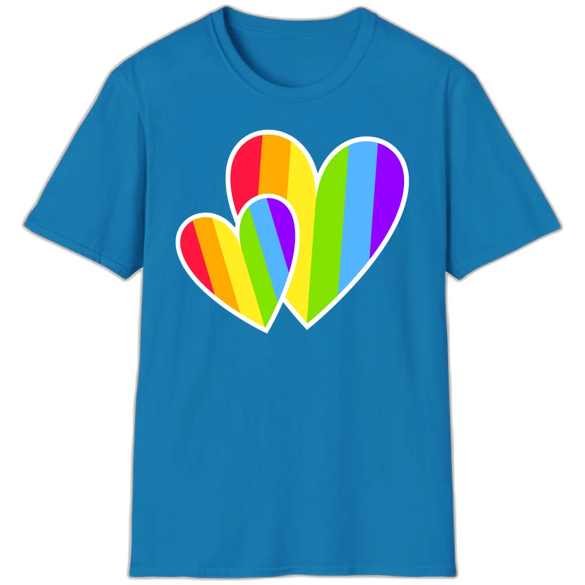 Three overlapping hearts with vertical rainbow stripes in pride colors: red, orange, yellow, green, blue, and purple with white borders in Sapphire