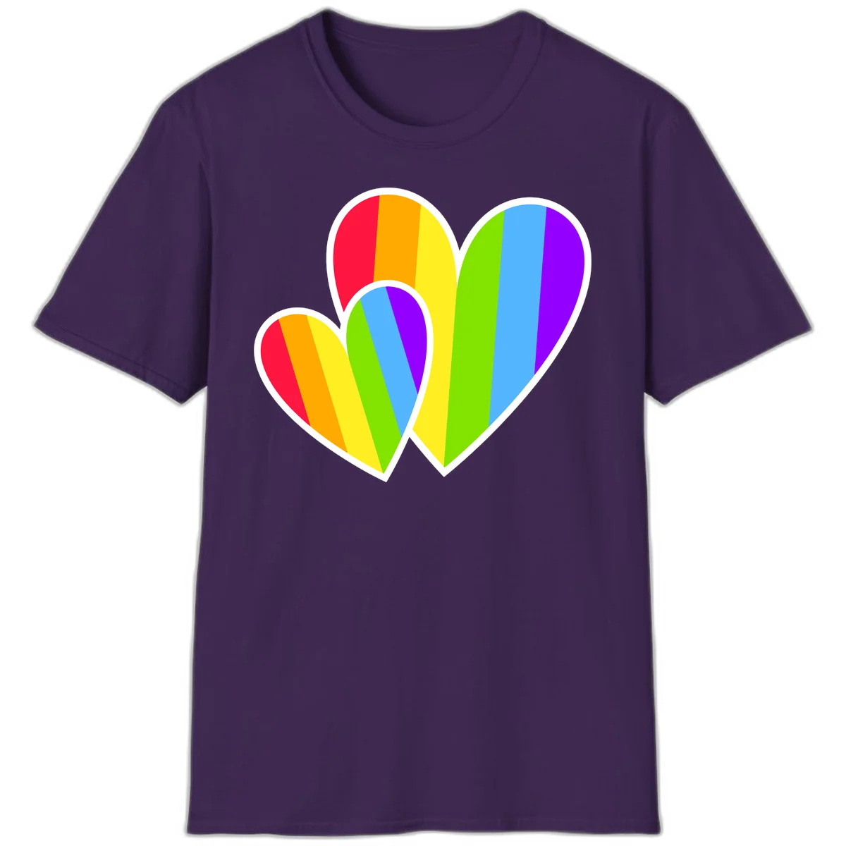 Three overlapping hearts with vertical rainbow stripes in pride colors: red, orange, yellow, green, blue, and purple with white borders in Purple