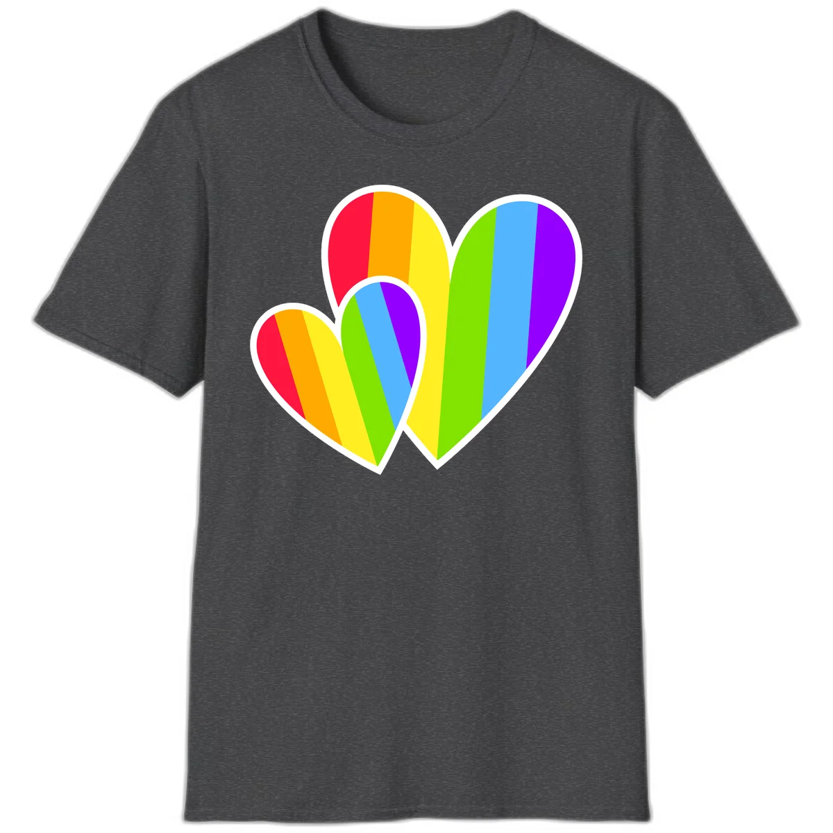 Three overlapping hearts with vertical rainbow stripes in pride colors: red, orange, yellow, green, blue, and purple with white borders in Dark Heather