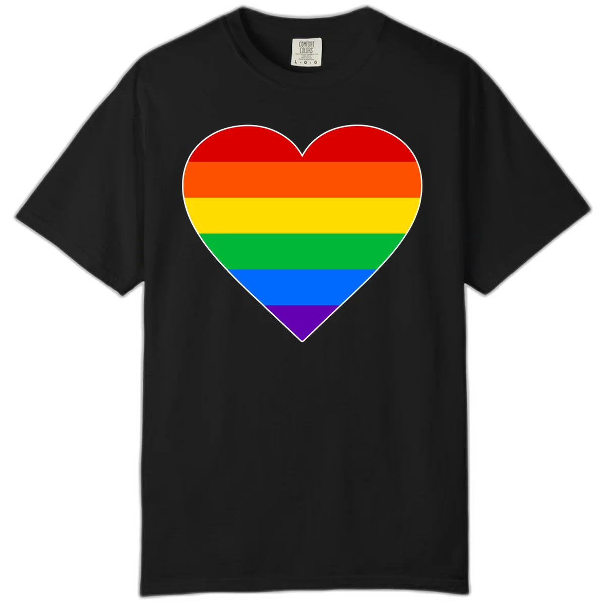 Rainbow pride heart with horizontal stripes in red, orange, yellow, green, blue, and purple colors on white outline in Black