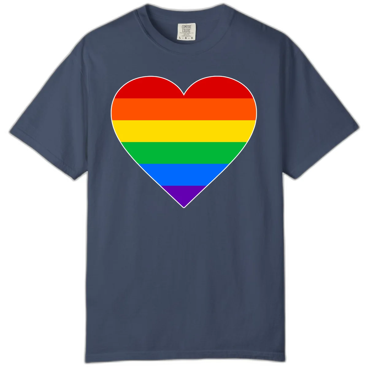 Rainbow pride heart with horizontal stripes in red, orange, yellow, green, blue, and purple colors on white outline in Midnight
