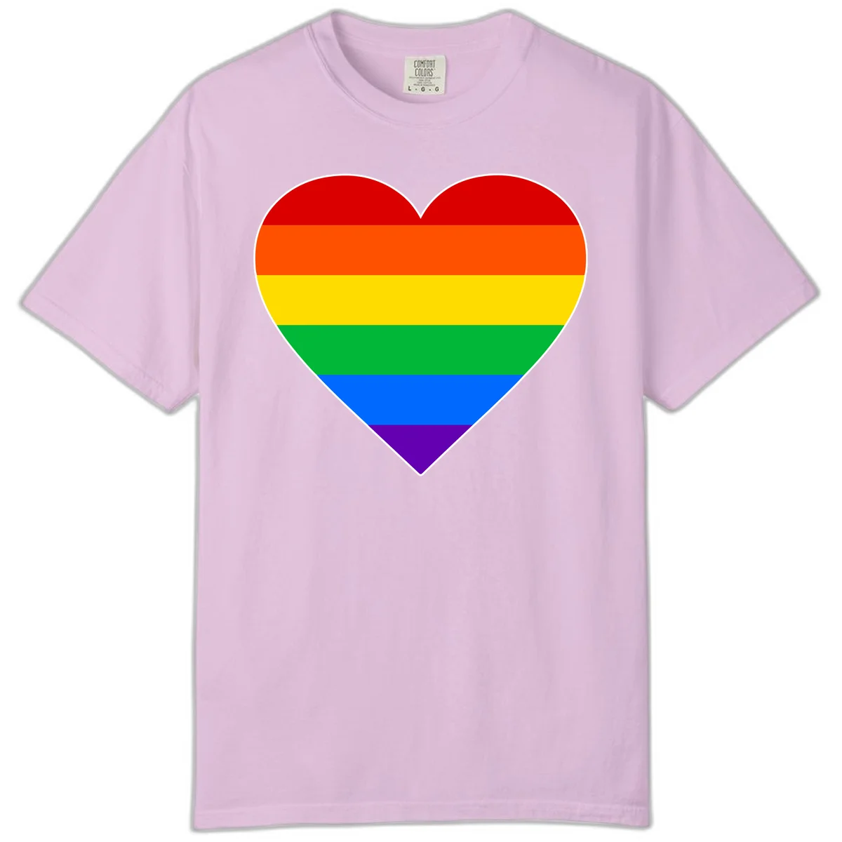 Rainbow pride heart with horizontal stripes in red, orange, yellow, green, blue, and purple colors on white outline in Orchid