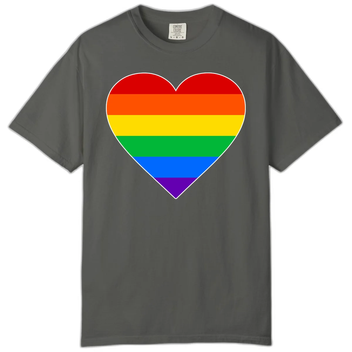 Rainbow pride heart with horizontal stripes in red, orange, yellow, green, blue, and purple colors on white outline in Pepper