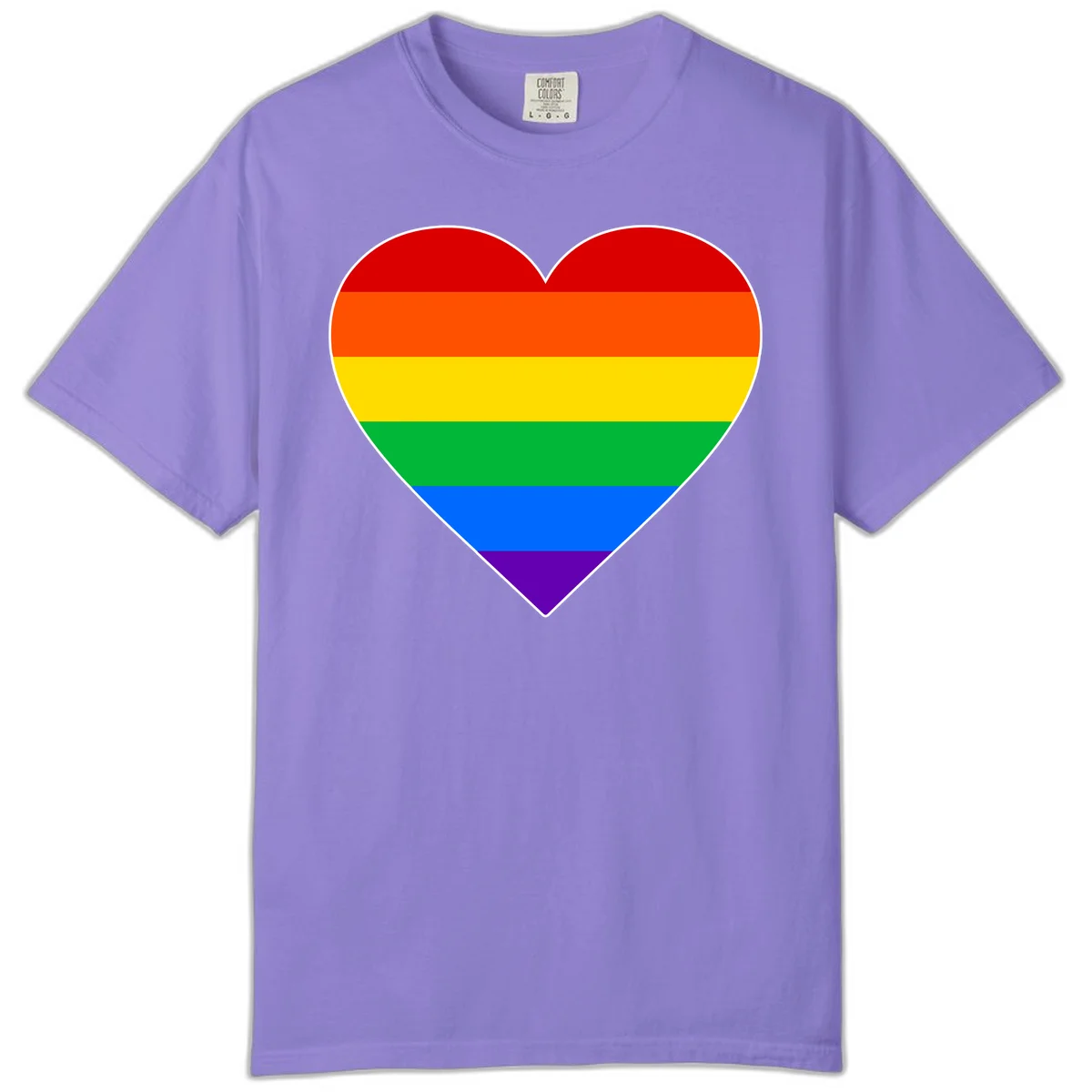 Rainbow pride heart with horizontal stripes in red, orange, yellow, green, blue, and purple colors on white outline in Violet