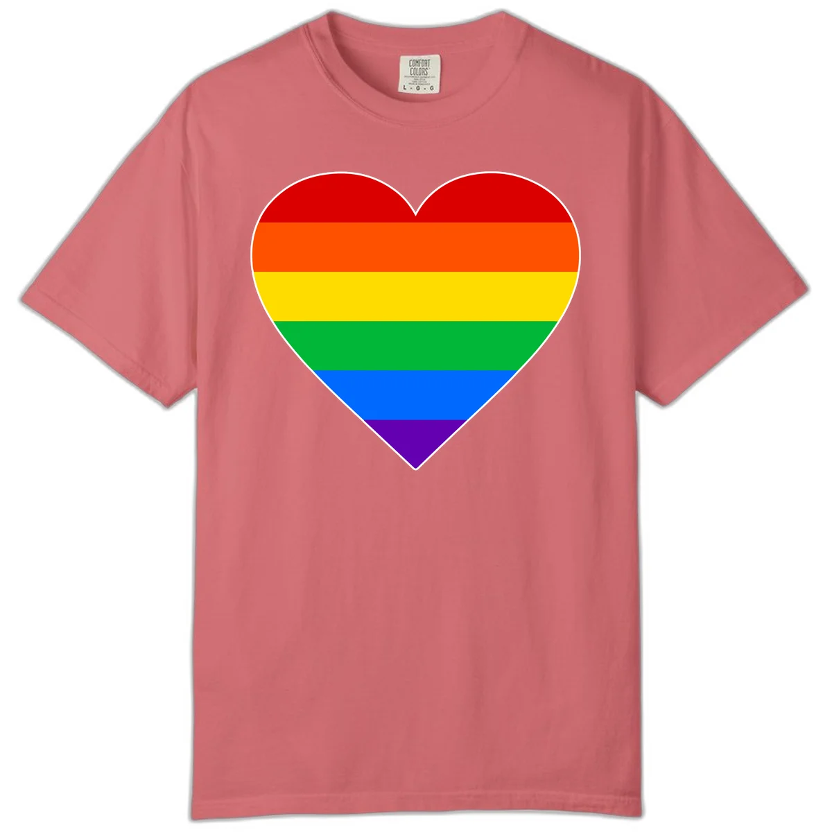Rainbow pride heart with horizontal stripes in red, orange, yellow, green, blue, and purple colors on white outline in Watermelon