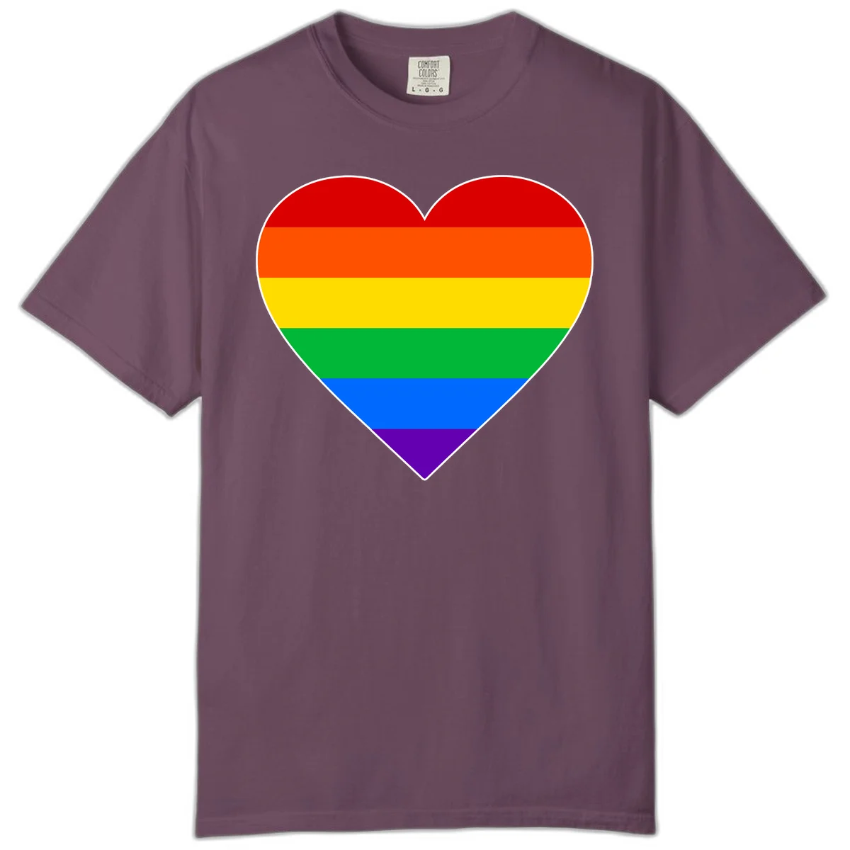 Rainbow pride heart with horizontal stripes in red, orange, yellow, green, blue, and purple colors on white outline in Berry