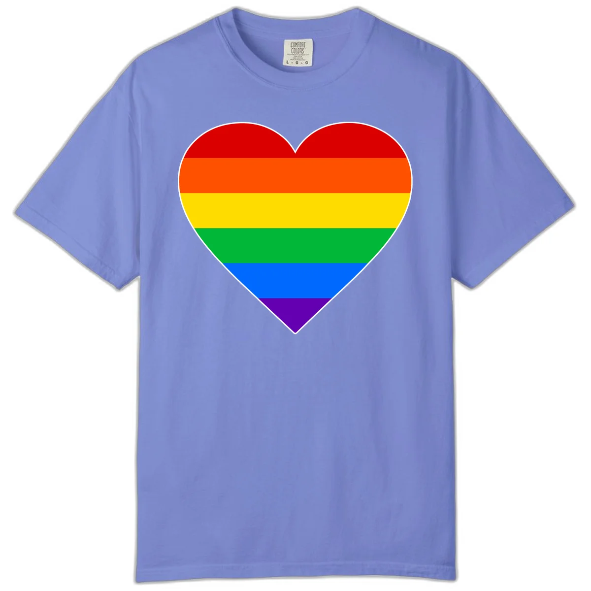 Rainbow pride heart with horizontal stripes in red, orange, yellow, green, blue, and purple colors on white outline in Flo Blue