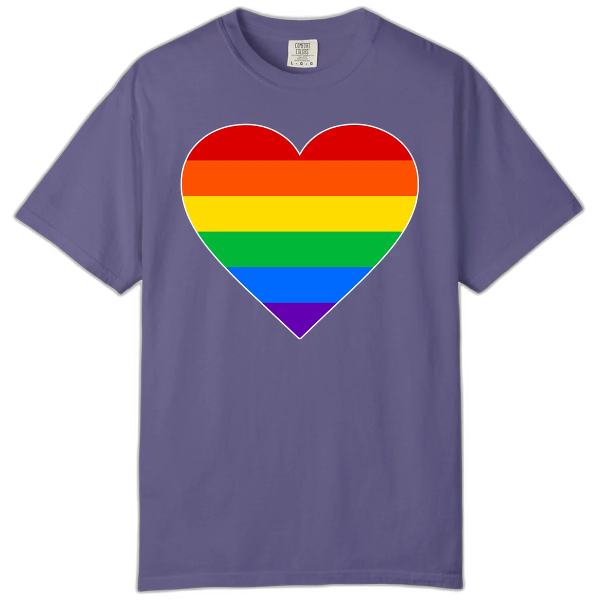 Rainbow pride heart with horizontal stripes in red, orange, yellow, green, blue, and purple colors on white outline in Grape
