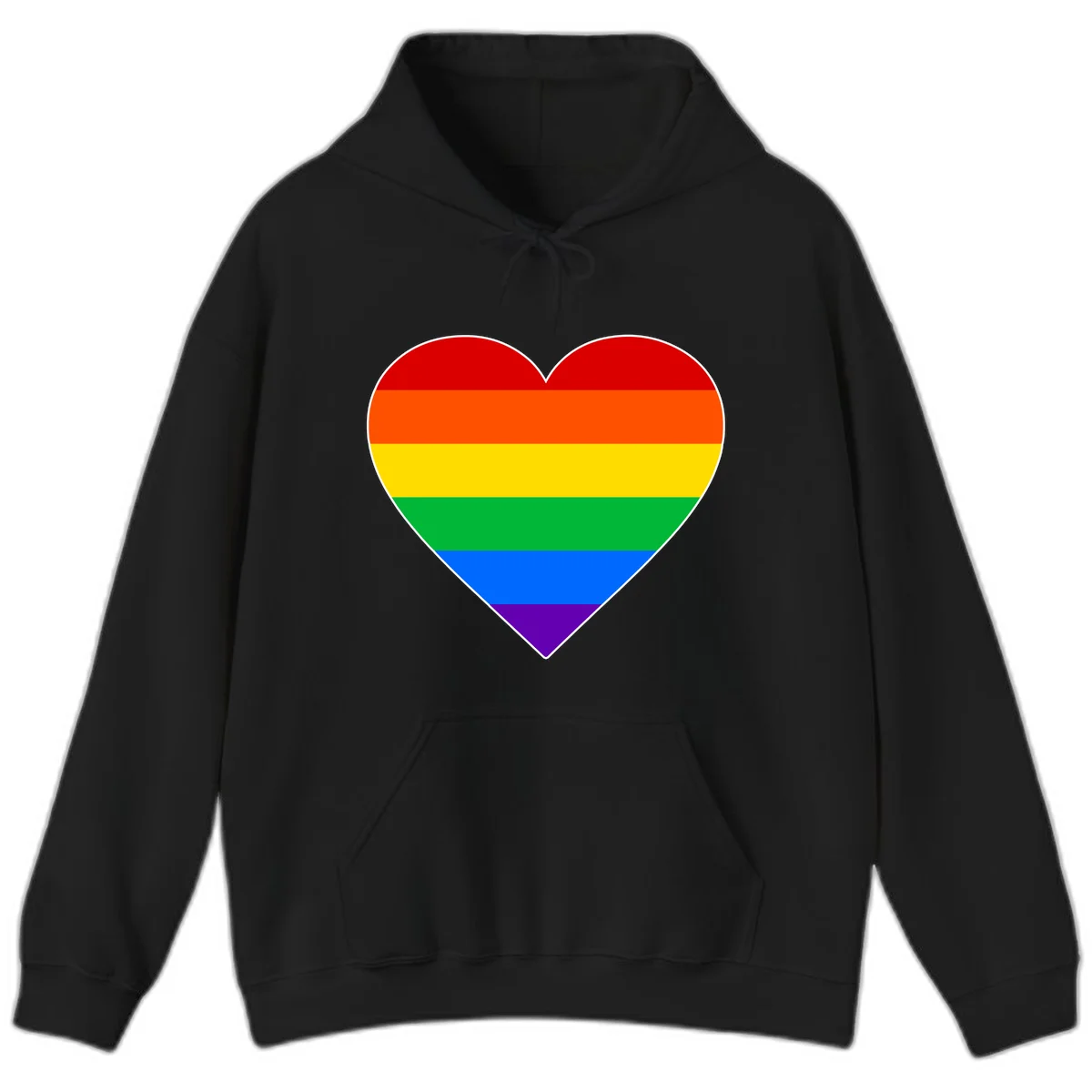Rainbow pride heart with horizontal stripes in red, orange, yellow, green, blue, and purple colors on white outline in Black