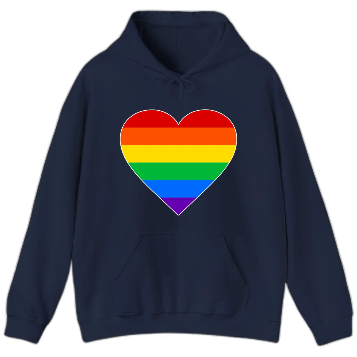 Rainbow pride heart with horizontal stripes in red, orange, yellow, green, blue, and purple colors on white outline in Navy