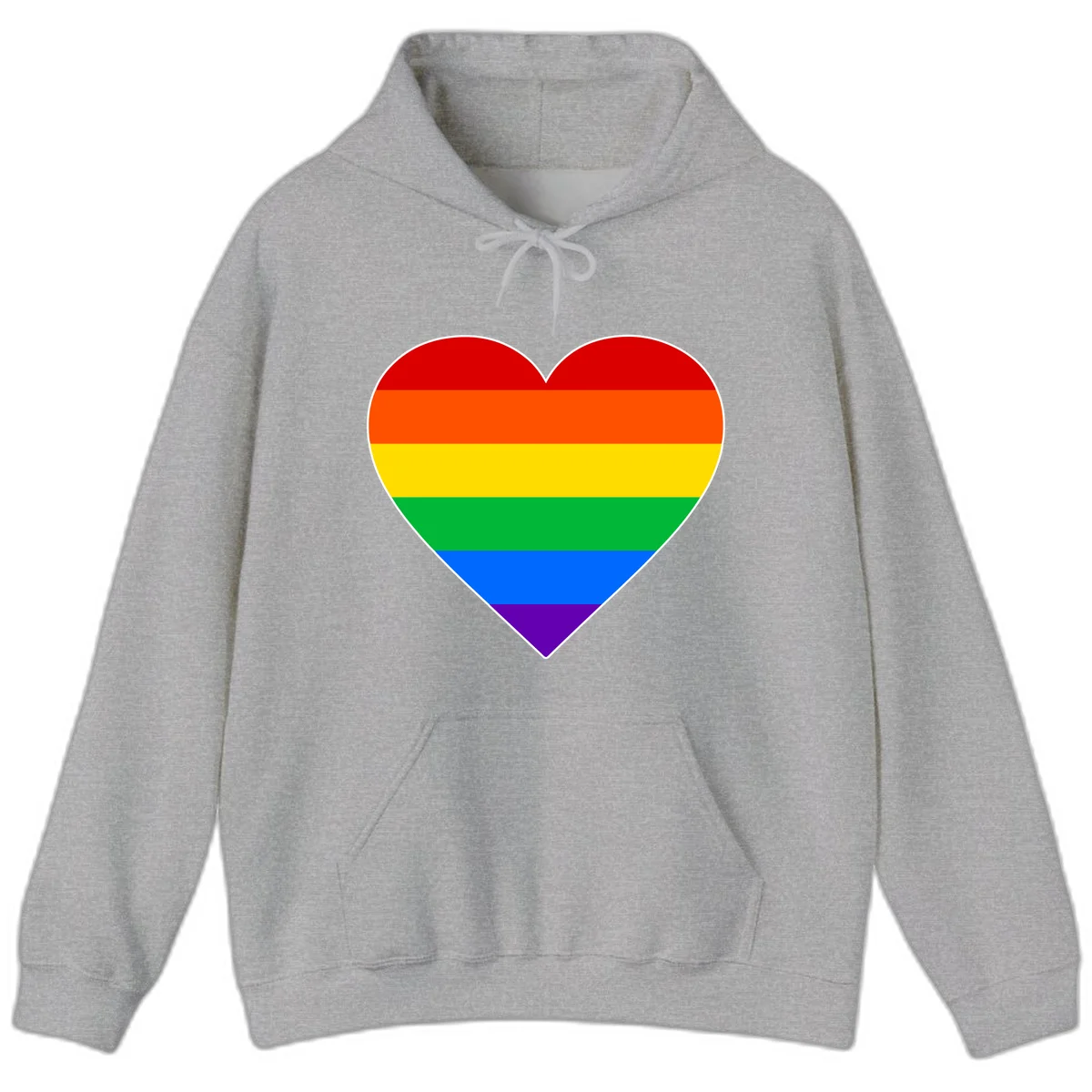 Rainbow pride heart with horizontal stripes in red, orange, yellow, green, blue, and purple colors on white outline in Sport Grey
